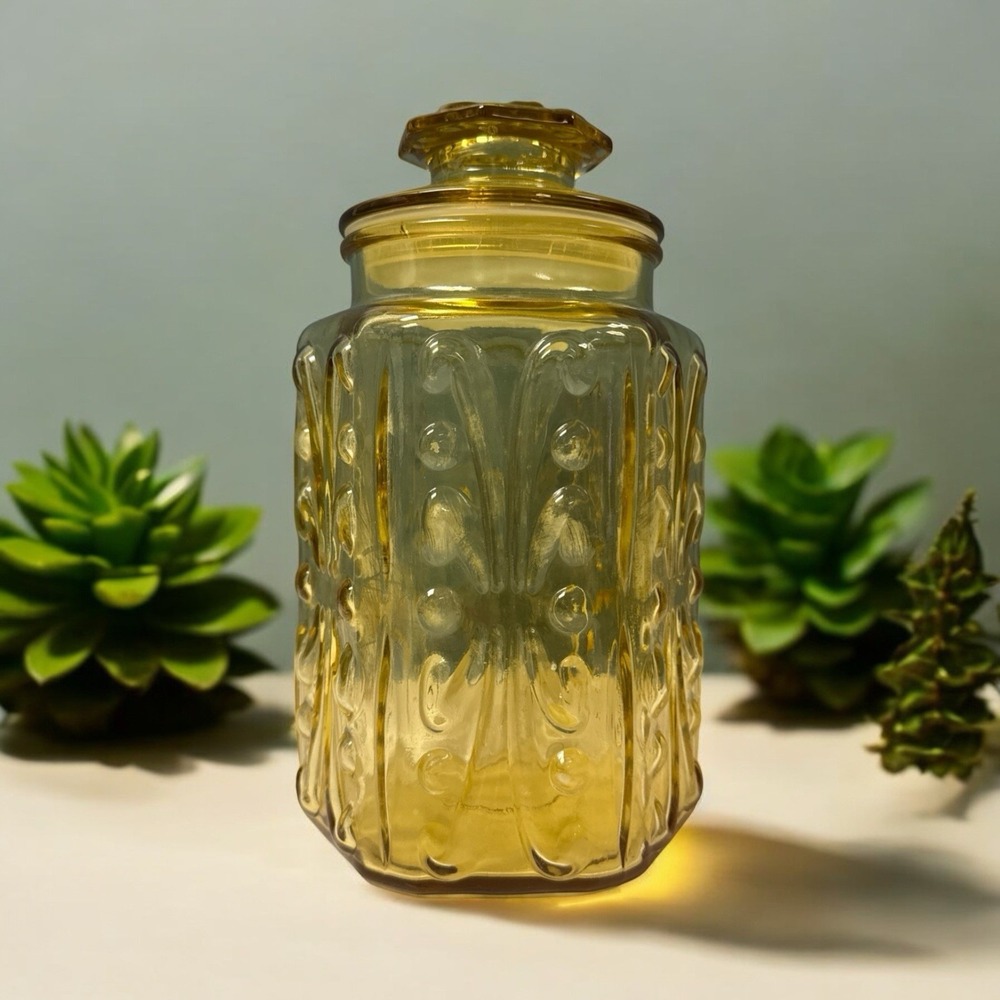 VTG L.E. Smith Imperial Atterbury Scroll Harvest Gold Glass Canister 70s-9.5"